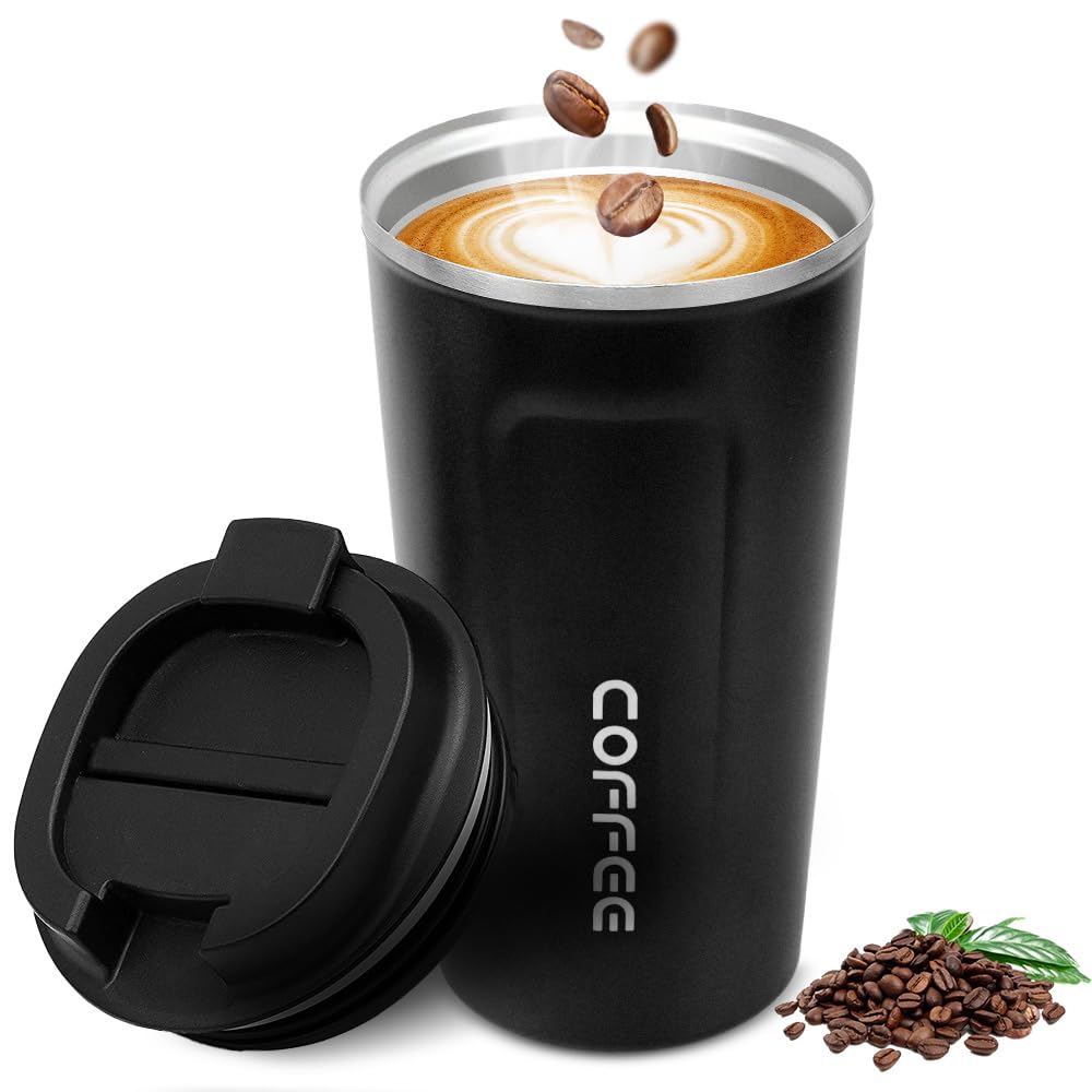 Coffee Travel Mug, 510ml/18oz Stainless Steel Insulated & Reusable Cup with Leak Proof Lid, Eco-Friendly Coffee Cup for Hot, Cold Drinks (Black)