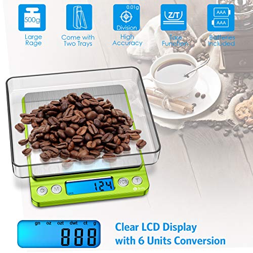 Image of AMIR Digital Kitchen Scale, 500g-0.01g Mini Pocket Jewelry Scale, Cooking Food Scale with Backlit LCD Display, 2 Trays, 6 Units, Auto Off, Tare, Stainless Steel (Battery Included)
