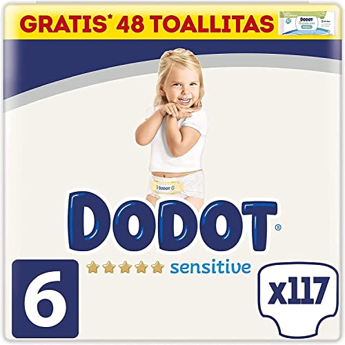 Dodot Pañales Bebé Sensitive Talla 6 (+13 kg), 117 Pañales + 1 Pack de 48 Toallitas Gratis Cuidado Total Aqua, Óptima Protección de la Piel de Dodot, Pack Mensual