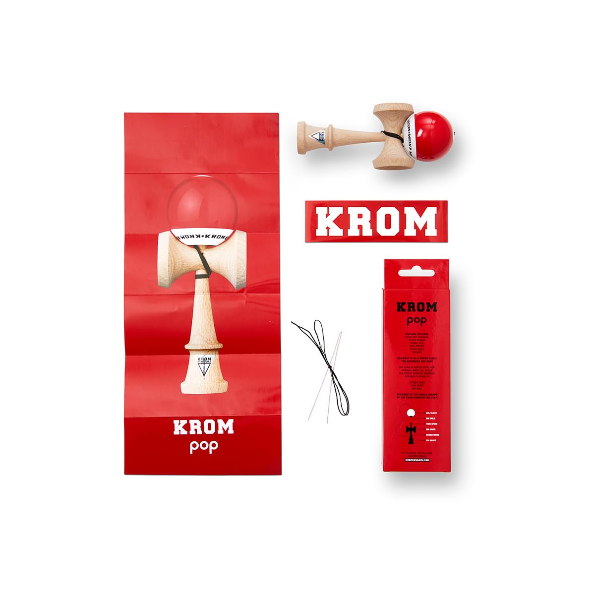 KROM - Kendama Toy POP LOL Red - High Wood Quality - Extra Strong - for Beginner and Pro - Gift Pack : Extra String + Stickers