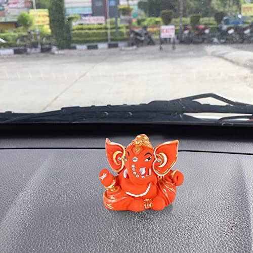 Craftam Polyresin Orange Ganesha Statue for Car Dashboard God Ganesh Murti Ganpati Idol Figurine with Double Side Tape