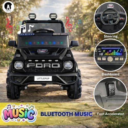 Image of Little Pup 4x4 Electric Jeep Ride-on Car for Kids, 12V Battery Powered, Red Plastic, Remote Control, Bluetooth Music, LED Lights, Manual Drive, Ages 1-6 Years (Black)