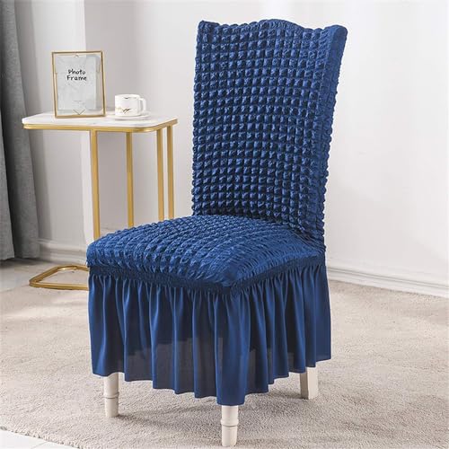 Image of House of Quirk Turkish Bubble Frill Chair Cover Stretch Removable Washable Short Dining Chair Cover Protector Seat Slipcover (Navy, Pack of 8)