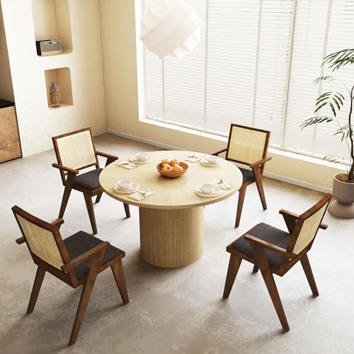 Image of QHITTY Fluted Round Dining Table, 47-inch Wood Kitchen Table Table for 4, Farmhouse Circle Table with Strip Base for Kitchen, Living Room, Natural