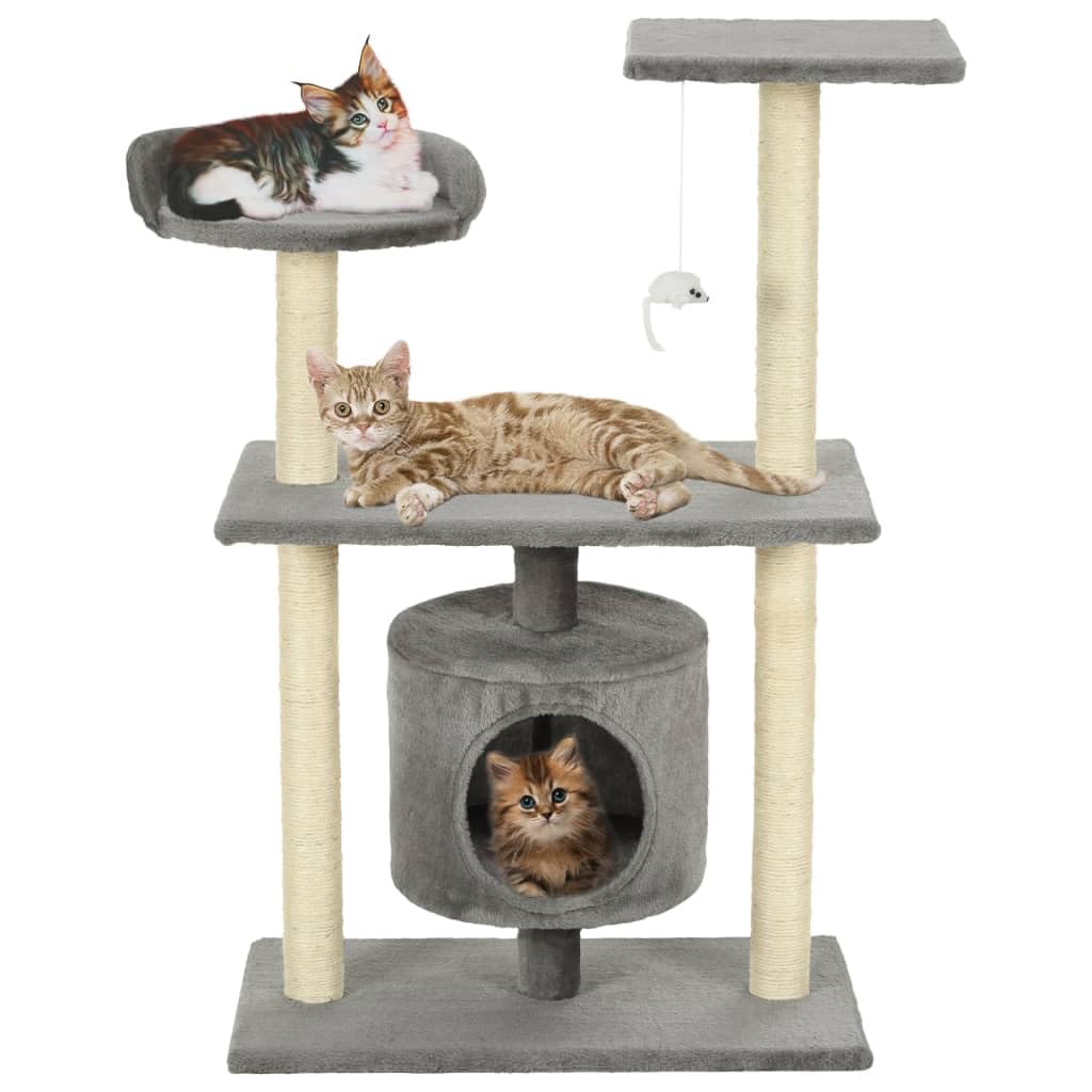 Rascador para gatos de sisal, 95 cm, gris, con juguete, plataforma, cueva, superficie de descanso, muebles para escalada, rascar, dormir y jugar en el apartamento, balcón, habitación, esquina