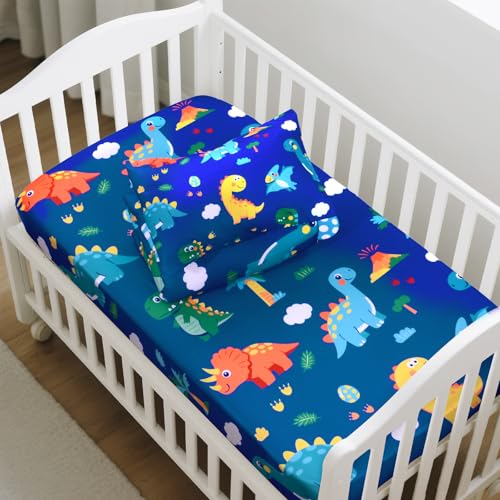 Image of Cloele Crib Bedding Set for Boys Girls- 3 Piece Dinosaur Baby Bedding Set Soft Comforter Bed Set Includes Toddler Pillowcase Crib Sheet Baby Quilt - Nursery Bedding Set for Boys-Colorful Dinosaur