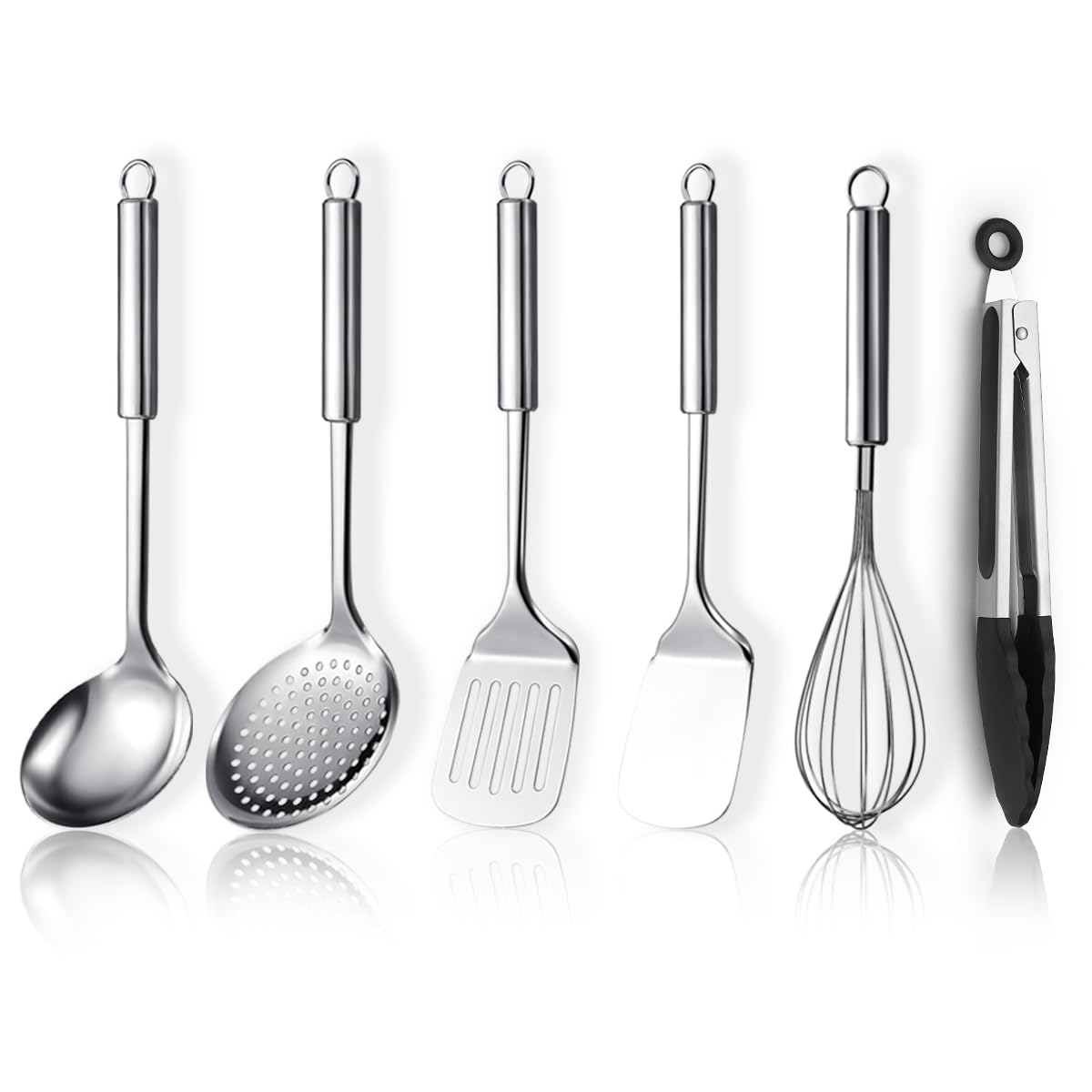 ReaNea Stainless Steel Cooking Utensils Set 6 Pieces, Kitchen Tools Set Include Metal Spatula Set, Skimmer, Ladle, Tong, Whisk, Kitchen Gadgets Essentials New Home Must Have