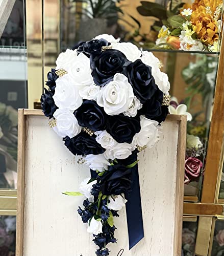 Angel Isabella Build Your Wedding Package-Artificial Flower Bouquet Corsage Boutonniere Rose Calla Lily Navy Gold Wedding Theme (Cascade Bouquet) #TOP4
