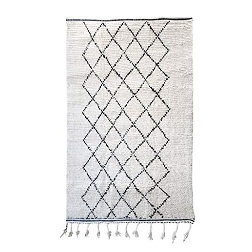 Traditionell marockansk Berber Beni Ourain matta – handvävd 100 % ull – 2,5 x 1,5 m – kräm och svart, klassisk, modern och bohemisk interiör, orientalisk matta, diamantmönster, handgjord