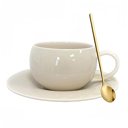 ARISKEY Egg Shape Mug Ceramic Coffee Mug and Saucer Set-Round Coffee Cup Teacup with Saucer-9.5oz/ 280ml Novelty Mug Set with Spoon Ceramic Mug Gift for Mother,Friends and Family-White