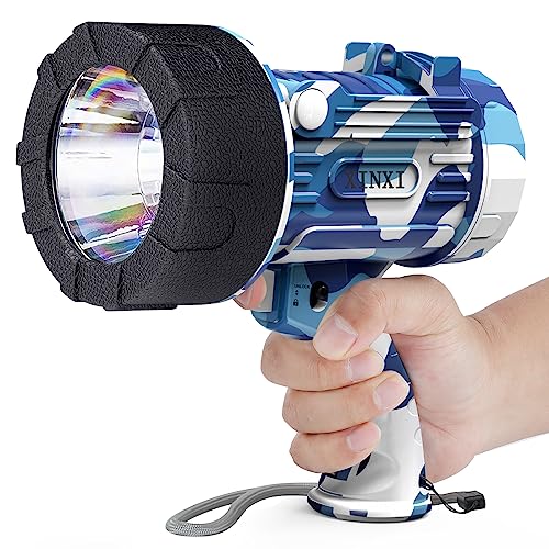 XINXI Rechargeable Spotlight with 1000000 Lumens, 4 Light Modes and USB Charger for Hiking, Boating, Hunting, IP67 Waterproof Handheld Flashlight with red Filter(Camouflage Blue)