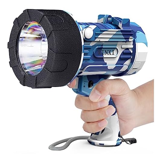 XINXI Rechargeable Spotlight with 1000000 Lumens, 4 Light Modes and USB Charger for Hiking, Boating, Hunting, IP67 Waterproof Handheld Flashlight with red Filter(Camouflage Blue)