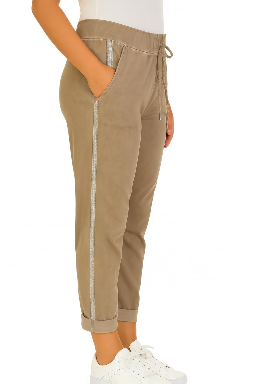 Mississhop Pantalon de loisirs en coton avec bandes latérales à paillettes