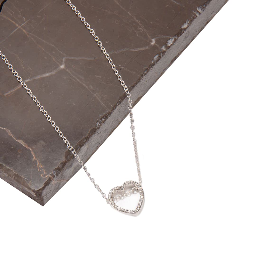 Lilly & SparkleSilver Toned Diamond Studded Delicate Heart Shaped Pendant Necklace for Women