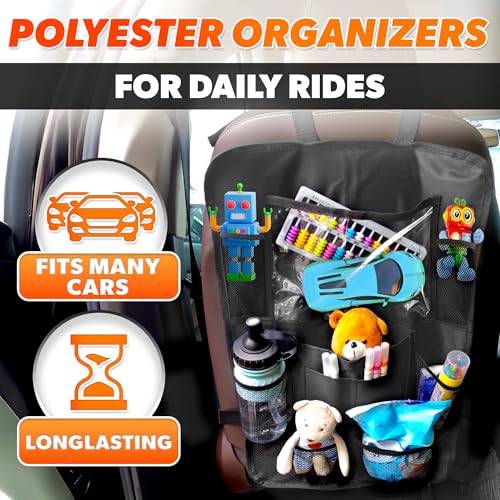 Image of 2 Pcs Backseat Car Organizer - Travel-Ready 23.4x16 inch Back Seat Car Organizer with 9 Large Pockets and Clear Tablet Holder, Made from Polyester with Adjustable Straps - Easy to Attach and Clean