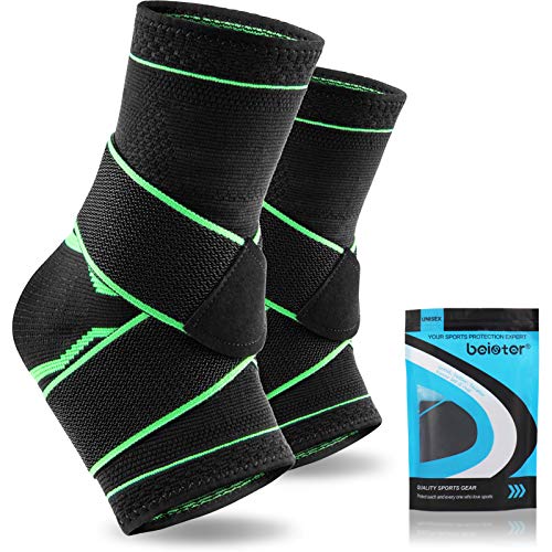 Beister 1 Pair Ankle Brace Compression Support Sleeve for Women and Men, Elastic Sprain Plantar Fasciitis Foot Socks for Injury Recovery, Joint Pain, Achilles Tendon, Heel Spurs, Black & Green, Large