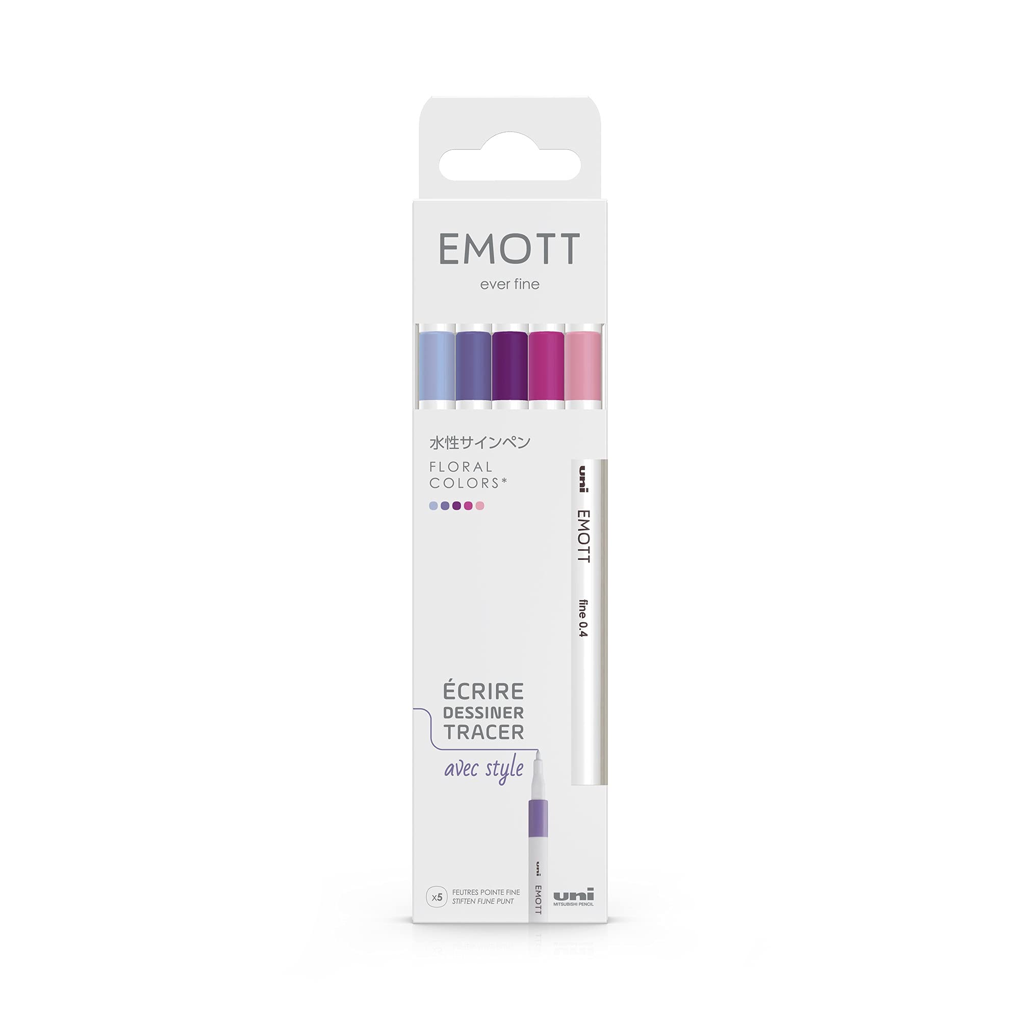 uni-ball Emott Mitsubishi Pencil - Pack of 5 Felt Tip Pens - for Writing, Drawing, Tracing with Style - Fine Tip 0.4 mm - Mauve, Lilac, Candy Pink, Hot Pink, Navy Mist