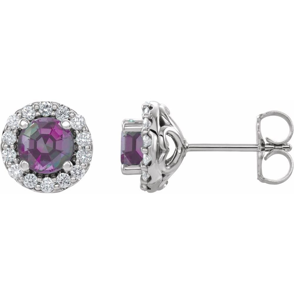 Solid 14k White Gold Lab-Created Alexandrite and 1/4 Diamond Stud Earrings (8.4mm x 8.1mm) (.25 Cttw)