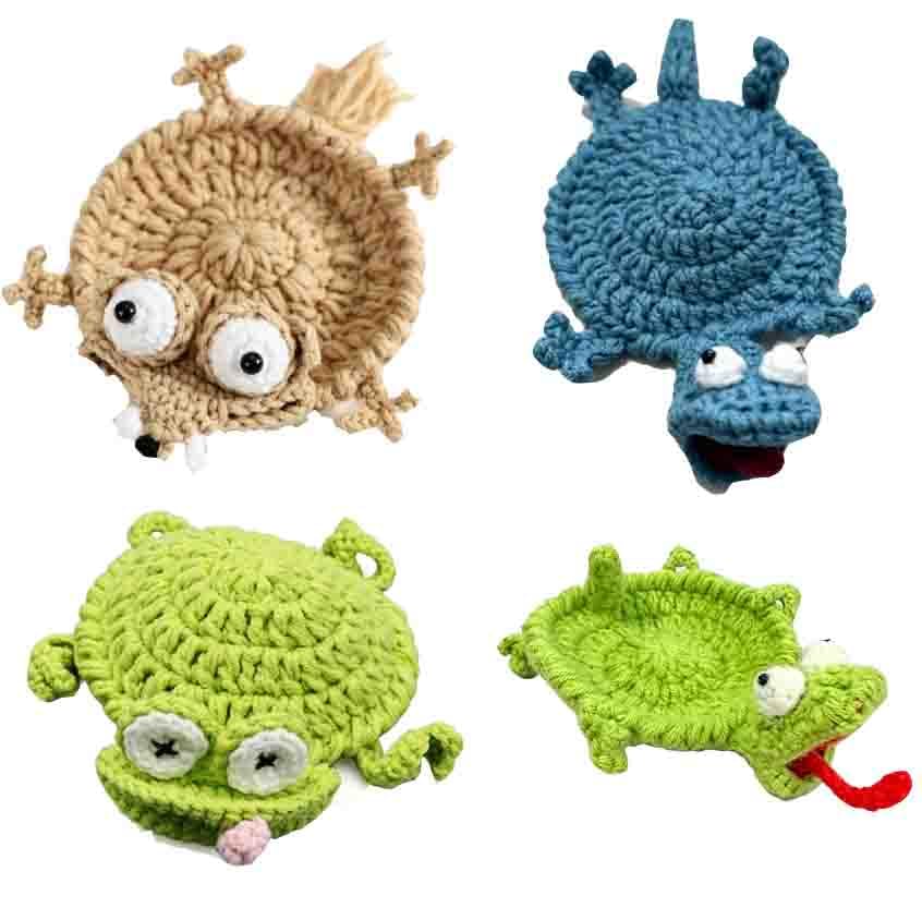 Funny Crochet Coaster, 3D Handmade Drink Coasters, Animal Cup Coasters for Coffee Table Desk Decor, Coffee Table Decor for Animal Lovers Cups Tabletop Protection (4Pcs)