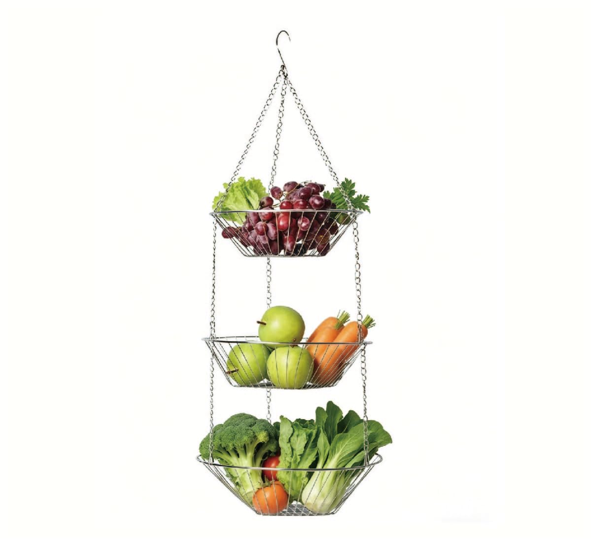 Meetoz Silver 3-Tier Hanging Basket Heavy Duty Wire, Vegetable And Fruit Storage –Wire Hanging Baskets For Kitchen Counter Space Saver, Round.