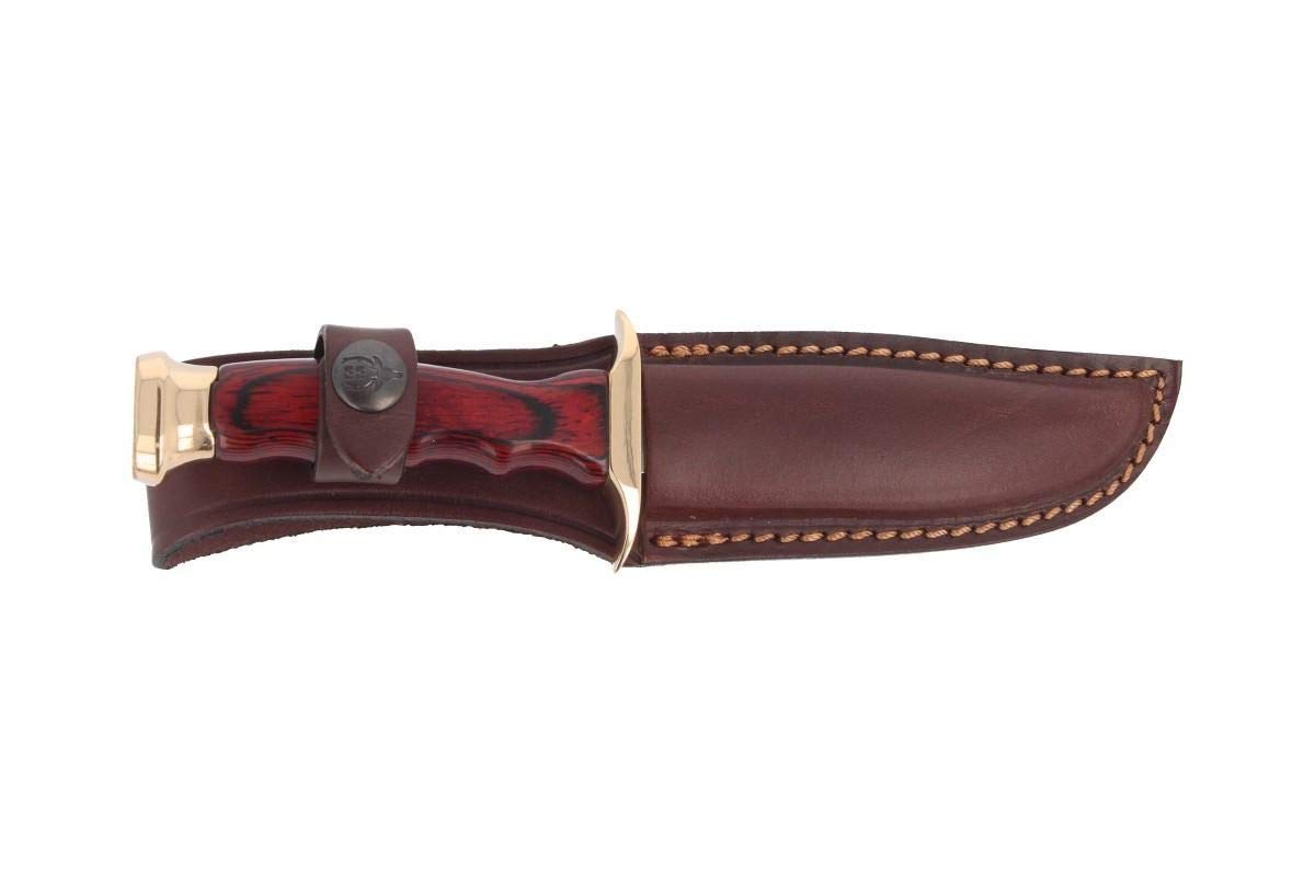 Muela Cuchillo de caza BW-10 con hoja de acero inoxidable ACX-380 de 10 cm y empuñadura de madera de coral para Caza, Pesca, Supervivencia y Bushcraft + Portabotellas de regalo