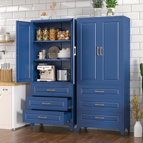 Image of Polup Metal Storage Cabinet,75 inch Tall Kitchen Pantry Storage Cabinet with Doors and Adjustable Shelves, Blue Metal Pantry Cabinets with 3 Drawers, Large Cupboard for Dining Living Room, Bathroom