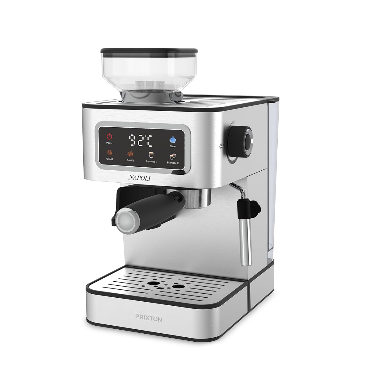 Prixton Caffettiera Espresso Napoli con Macinino Integrato 22 Livelli, 20 Bar, 1350W, Filtro a Doppia Uscita, Vaporizzatore regolabile, Compatibile con Caffè a Grana, Macinato e Capsule