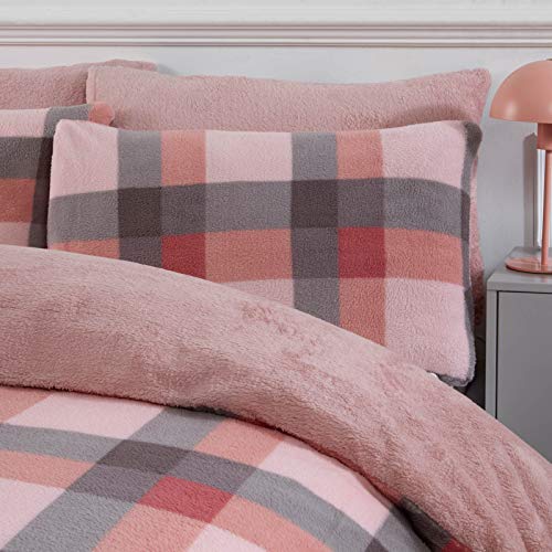 Dreamscene Check Tartan Winter Check Teddy Fleece Fluffy Omkeerbaar Ultra-Soft Easy Care Dekbedovertrek met bijpassende kussensloop, Blush Pink Grey, Double - Afbeelding 3
