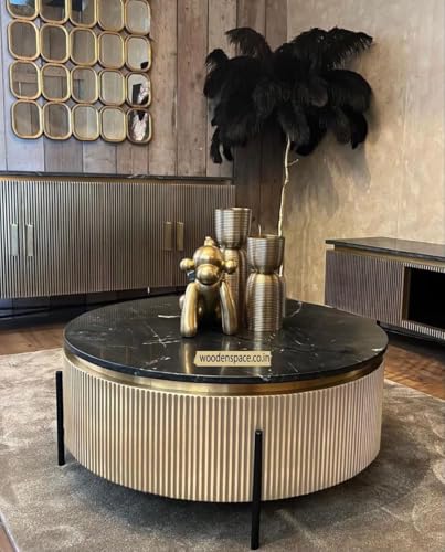Image of WOODEN SPACE Premium Luxury Nazaara Marble-Top Coffee Table with Iron Legs & PVD Coating | Modern Round Wooden Center Table for Living Room & Entryway