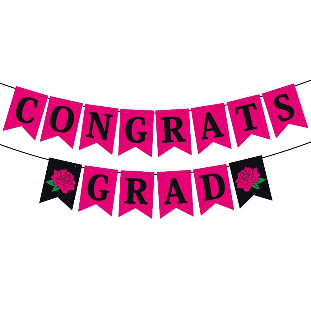 Hot Pink Princess Congrats Grad With Rose Flower Bunting Banner Sign for Class of 2025 College Orority Graduation Congratulations Graduate Celebration