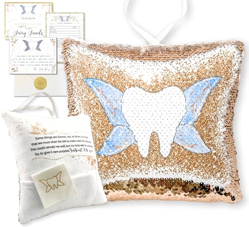 Image of Tooth Fairy Pillow Kit for Girls and Boys - Tooth Fairy Evidence Kit with Tooth Fairy Bag - Multi Color Reversible Sequin and Large Pocket - Tooth Pillow with Letter & 2 Customizable Certificates