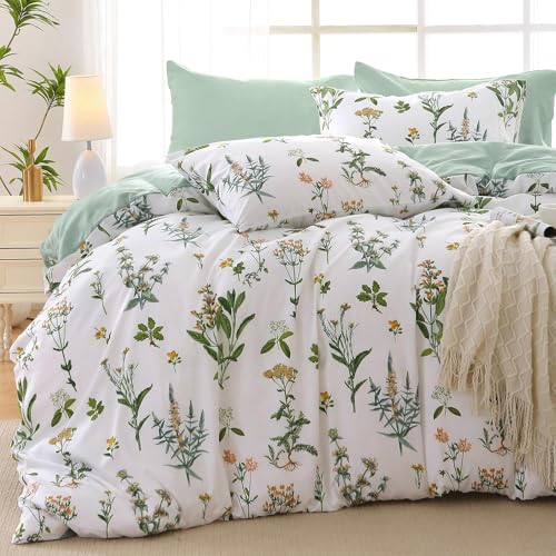 Image of MUXHOMO Bed in a Bag Queen 7 Pieces, Queen Comforter Set Reversible Green Botanical Flowers Design, Ultra Soft & Breathable Bedding Sets with Comforter, Sheets, Pillowcases & Shams
