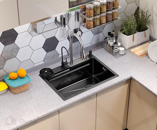 Image of CLUSTER Nano Coating 304 Grade Stainless Steel Single Bowl Handmade Kitchen Sink With Waterfall Pull-Out Faucet, Soap Dispenser, Ro Faucet, Cup Washer, and Fruit Basket, 24x18x9 Inches