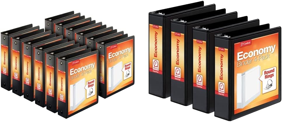 Cardinal Economy 3-Ring Binders, 2'', Round Rings, Holds 475 Sheets, Black, Carton of 12 (90640) & Economy 3 Ring Binder, 2 Inch, Black, Holds 475 Sheets, Nonstick,4 Pack of Binders (79522)