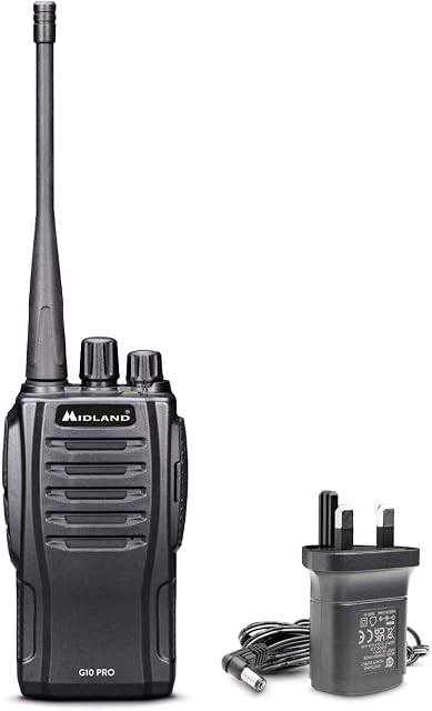 Midland G10 Pro, Two Way Radio Walkie Talkie, 32 PMR446 Channels license free, 1200mAh Li-Ion Rechargeable Battery Pack, Desktop Charger, Wall Adapter UK Plug, Belt Clip, UKCA Certified, Black