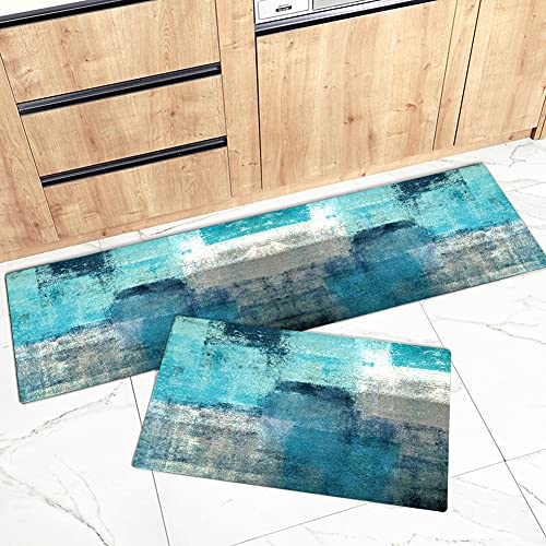 Ailuer Turquoise And Grey Kitchen Rugs And Mats, Large Size 59 Inch 2 Pieces Teal Cushioned Anti-Fatigue Kitchen Rugs Abstract Modern Art Kitchen Mats For Kitchen & Laundry #TOP3