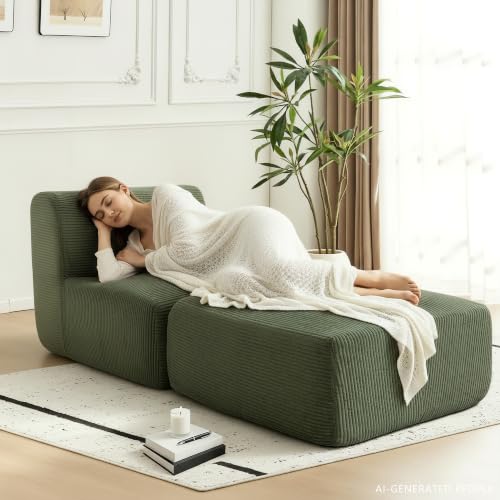 Image of Armless Chair with Ottoman, Modern Corduroy Convertible Cloud Couch