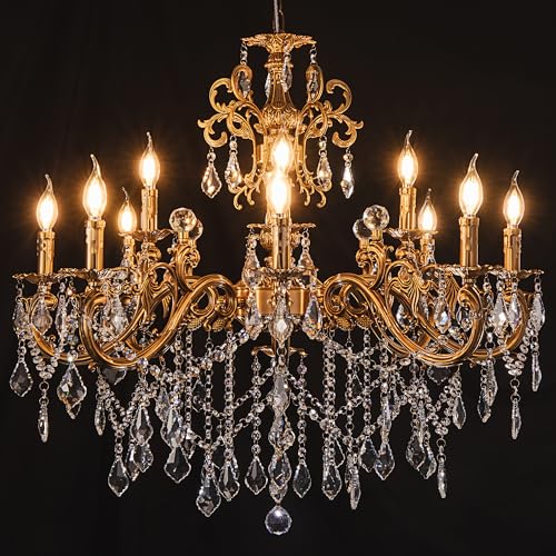 Wellmet Crystal Chandeliers Vintage Antique Bronze Chandelier 12 Lights Candle Pendant Ceiling Light Fixture for Dining Room Living Room Kitchen Bedro