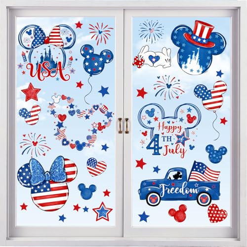 4th of July Window Clings Decorations 66 Pcs Patriotic Window Stickers Mouse Shaped Happy Independence Day Double-Sided Large Size Watercolor Red White Blue Stars Decor for Memorial Day Home Party