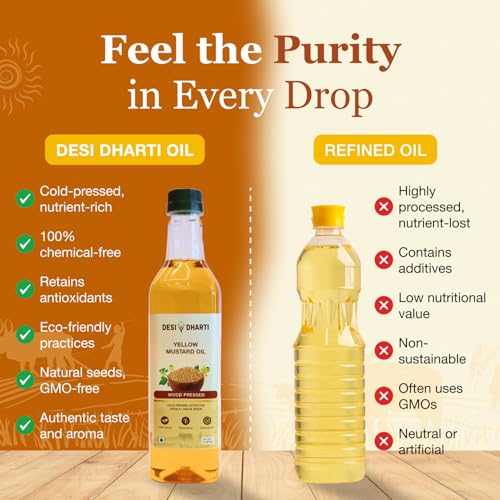 Image of Desi Dharti Premium Wood Cold Pressed Yellow Mustard Oil - 1L (Pack of 2) | Natural & Pure, Unrefined, Rich Aroma, Omega-3 & Antioxidants | A1 Grade Mustard Seeds | Ideal for Cooking, Frying, Pickling & Daily Use