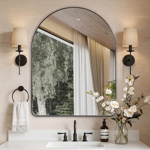 Image of ANDY STAR Arched Mirror, 28 x 36 Inch Black Wall Mirror in Stainless Steel Metal Frame, Arch Top Rounded Corner 1 Inch Deep Set Design Wall Mount Hangs Vertical