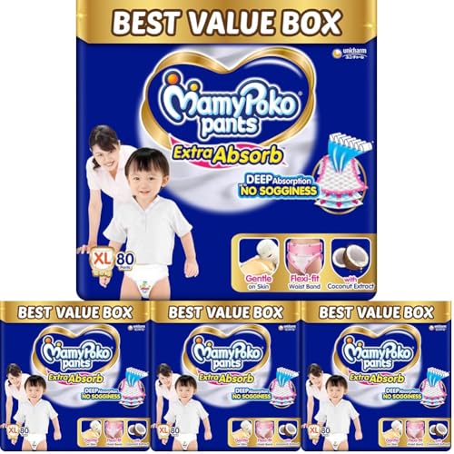 Image of MamyPoko Pants Extra Absorb Baby Diapers, Extra Large (XL size) | 12-17 kg | 80 Count |Deep Sleep Diapers| Soft gentle fit |Deep Absorbent Crisscross | skin friendly with coconut oil | (40 count, Pack of 8)