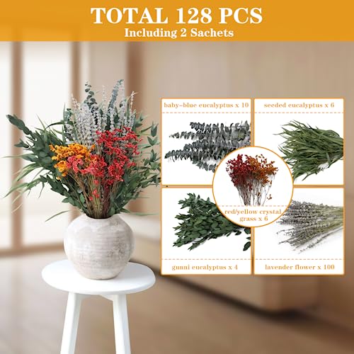 128-Pcs-Mixed-Real-Dried-Eucalyptus-Stems-100-Natural-Preserved-Eucalyptus-Leaves-with-Lavender-Rose-Flower-Sachet-Bundles-Greenery-for-Hanging-Shower-Plant-Fragrance-Wedding-Decor