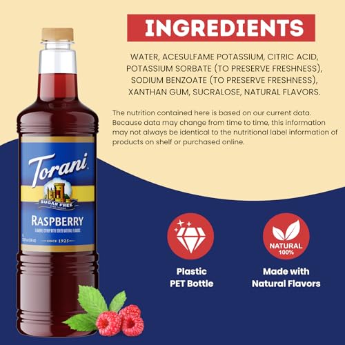 Image of Torani Sugar Free Raspberry Syrup 1 Liter with Pump - Keto & Gluten Free
