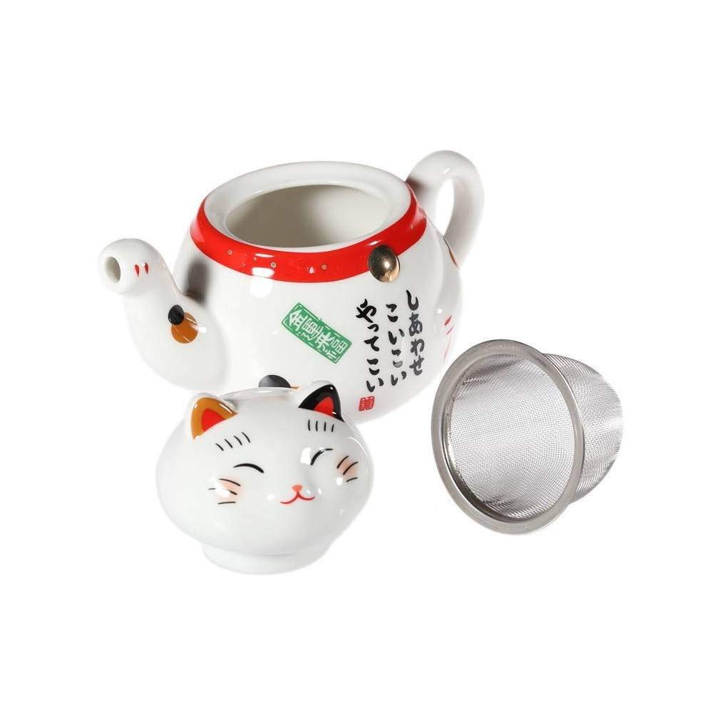 lachineuse - Servizio da tè giapponese Maneki Neko - Con teiera e tazza in porcellana - Teiera con filtro infusore - Idea regalo Giappone Gatto Kawaii Carino per compleanno, Natale - Stoviglie