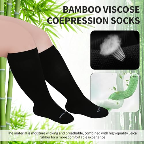 Image of UISLII Plus Size Compression Socks Wide Calf Women Men,5 Pairs 20-30mmHg Extra Width Calf Viscose Knee High Compression Socks for Circulation Support(5 Pairs Black-2XL)