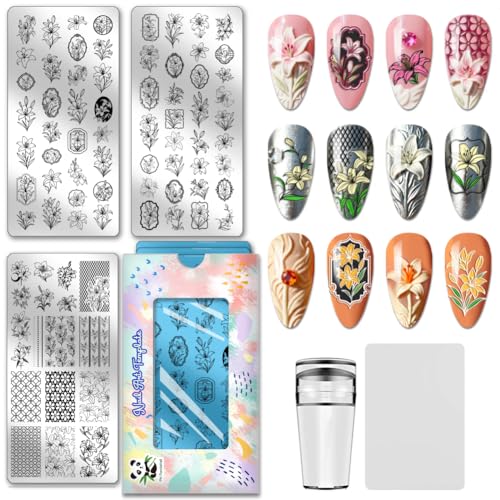 PH PandaHall 3pcs Plaque de Stamping pour Ongles Lys Pochoirs pour Nail Art à Fleur Modèles de Manucure à Bordures Florales Plaques D'Images en Acier Inox...