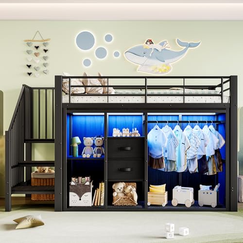 Azkoeesy Cama infantil con LED, cama alta con escalera y espacio de almacenamiento, 90 x 200 cm, con perchero, cajones y estantes, estructura de metal resistente, cama individual para adolescentes y