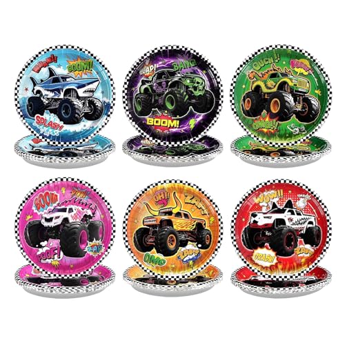 Grencian 60Pcs Monster Truck Paper Plate 9 Monster Heavy Duty Paper Plate