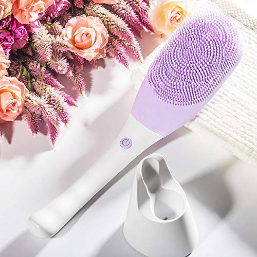 Preisvergleich Produktbild Elektrische Badebürste Ultraschall Wiederaufladbare Elektrische Massagebadbürste Langer Griff Reiben Zurück Reiben Bürste-Lila